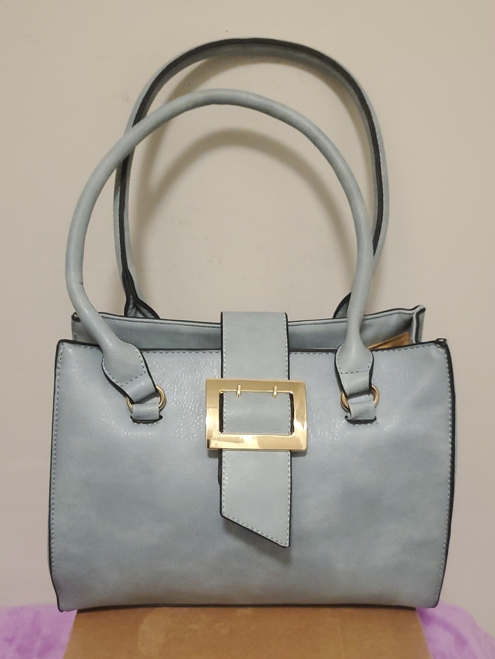 Structured Shoulder Satchel in Light Gray with Gold Buckle
